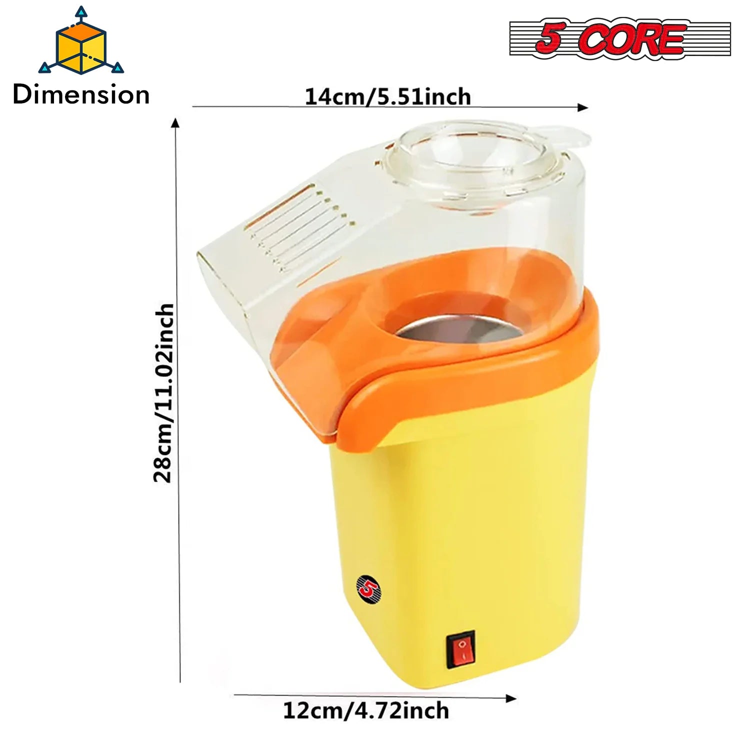 5Core Popcorn Machine 16 Cup Hot Air Popper Mini Portable Electric Pop Corn Maker YELLOW