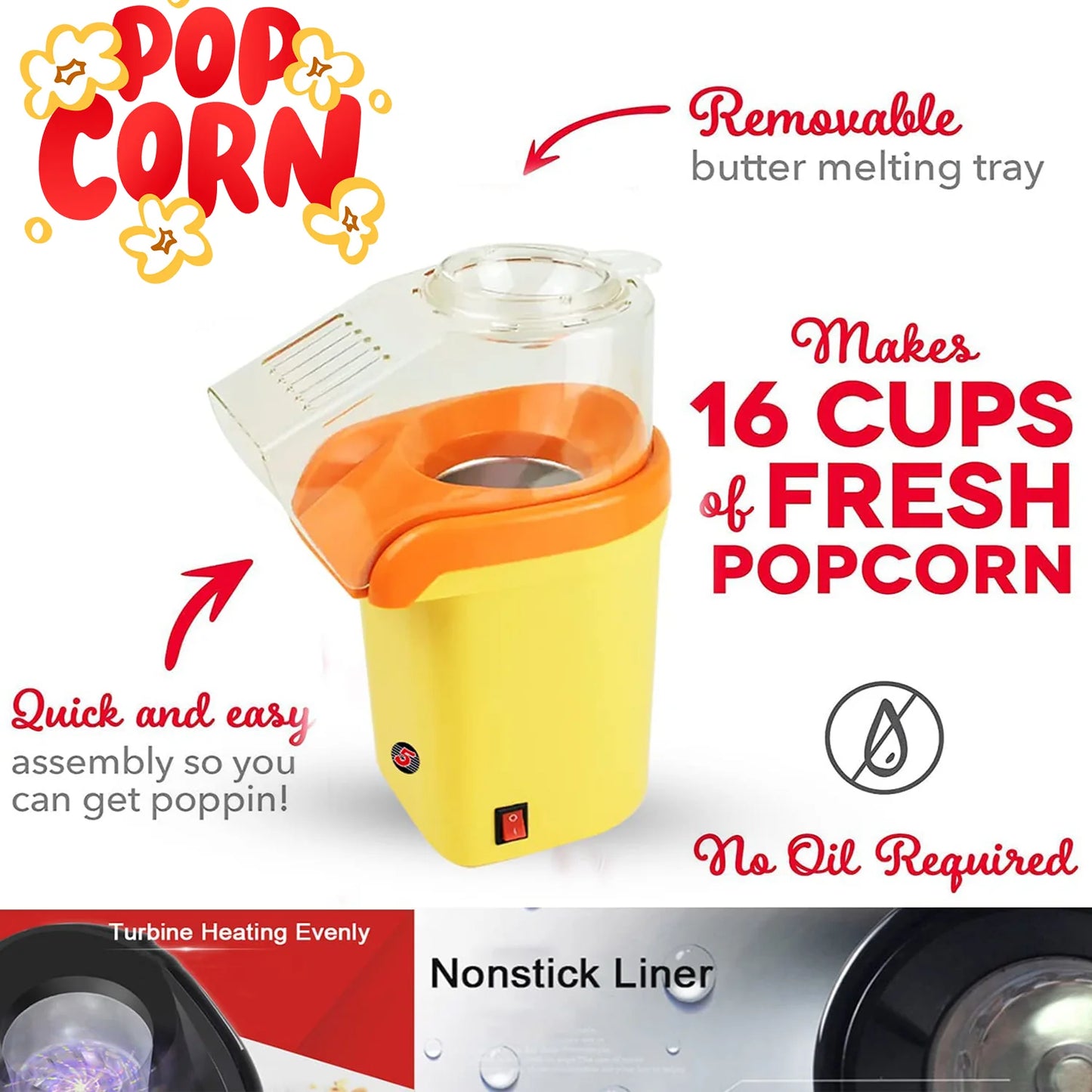 5Core Popcorn Machine 16 Cup Hot Air Popper Mini Portable Electric Pop Corn Maker YELLOW